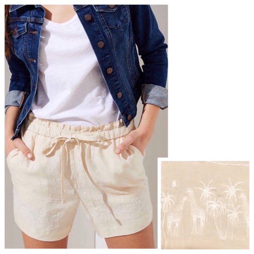 LOFT Embroidered Giraffe Palm Linen Shorts S 4 6